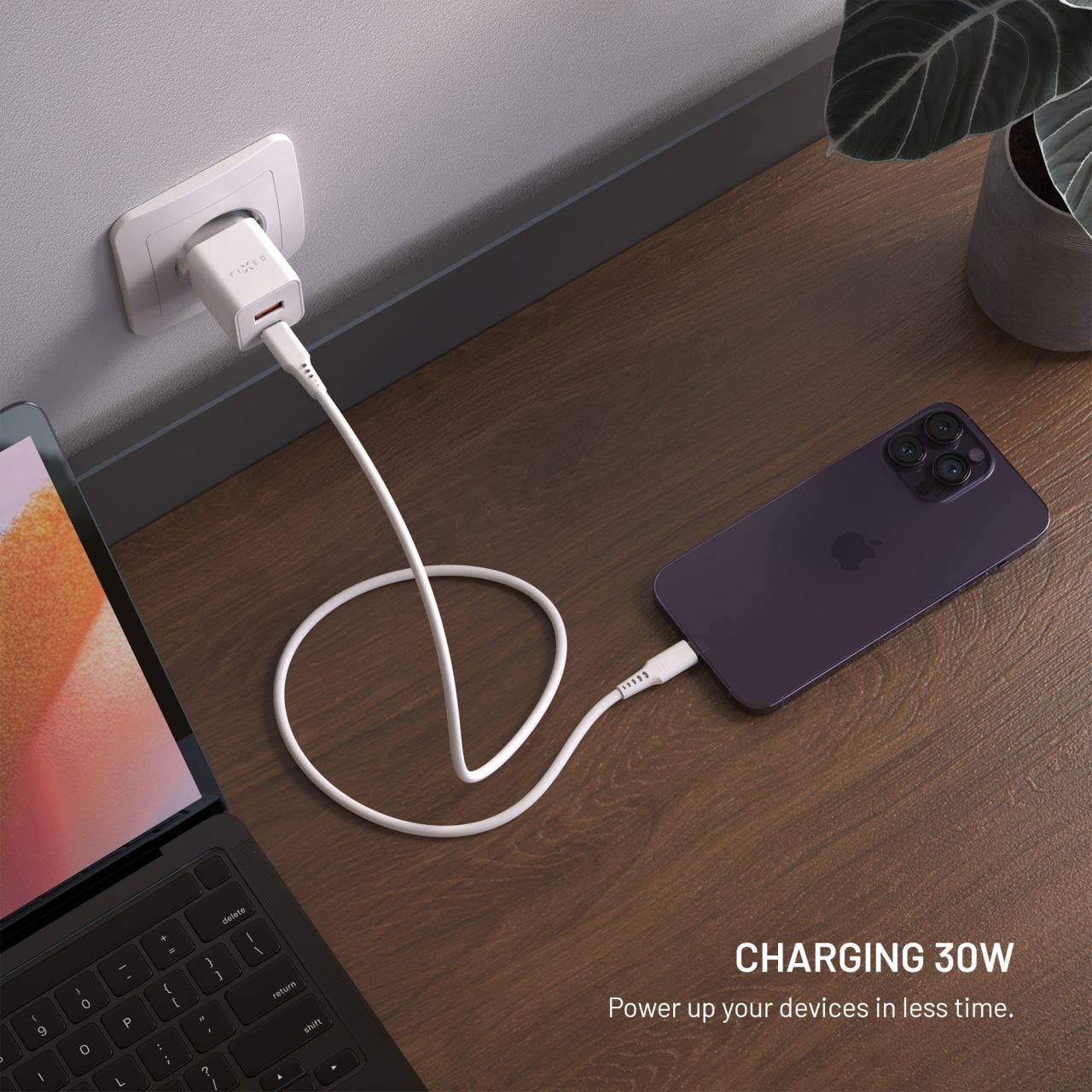 FIXED Mini GaN nabíječka s USB-C/USB-A (30W) PD bílá