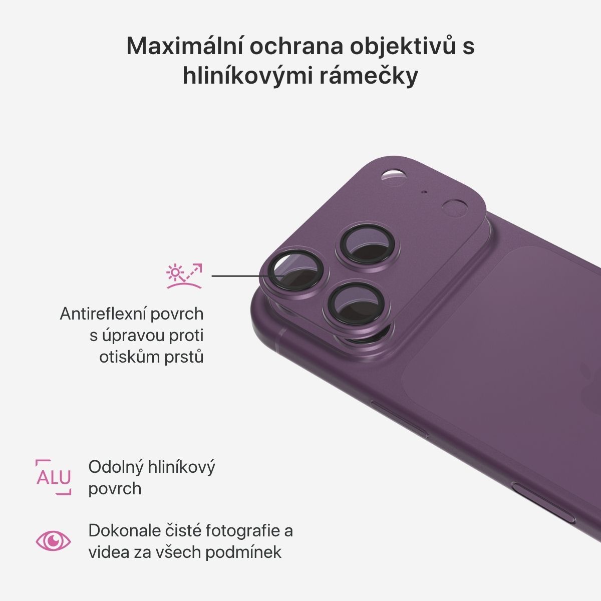 iWant Aluminium AntiReflective Lens & Island hliníkový rámeček pro iPhone 18 Pro tmavě fialový