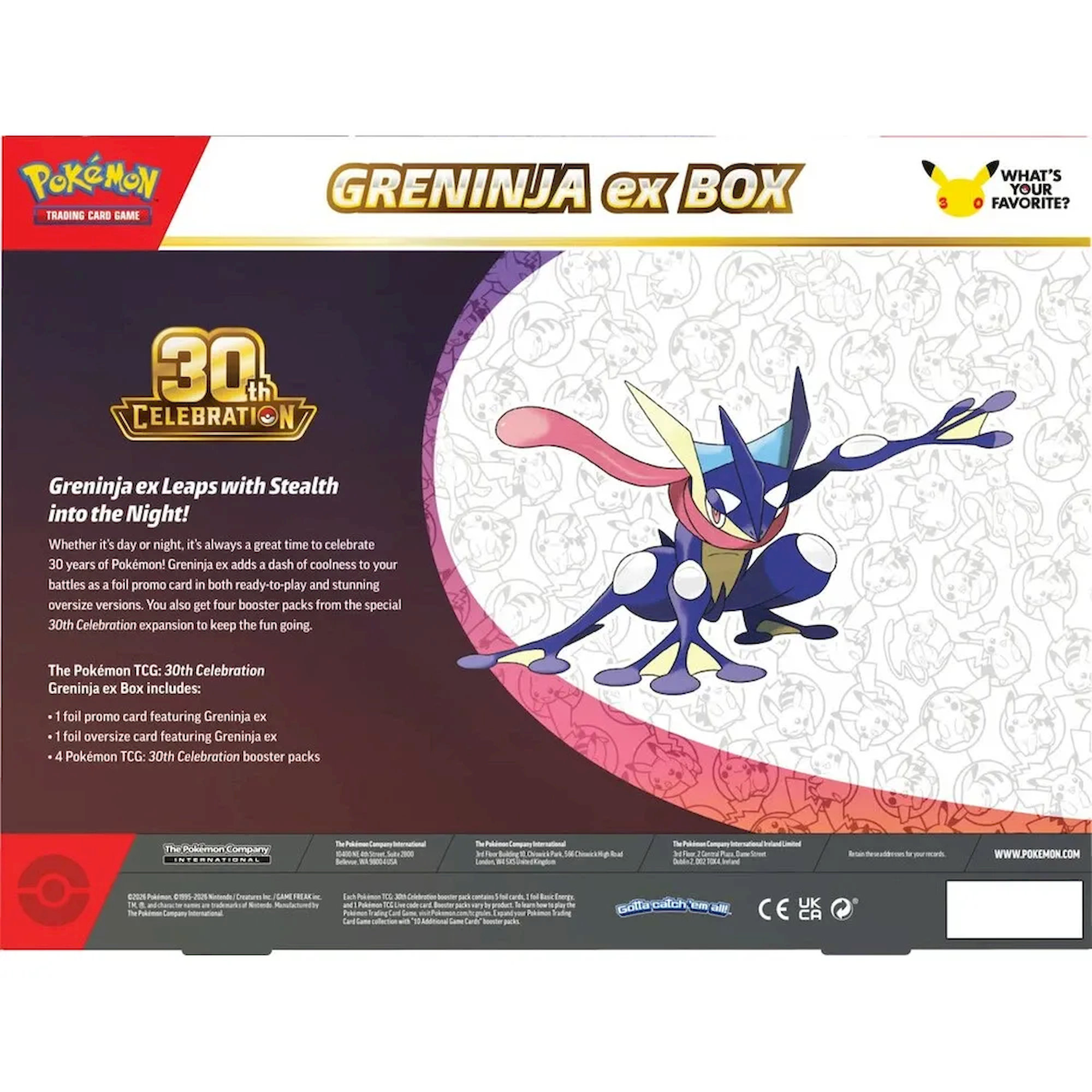 Obsah balenia Pokémon TCG 30th Celebration Greninja ex Box