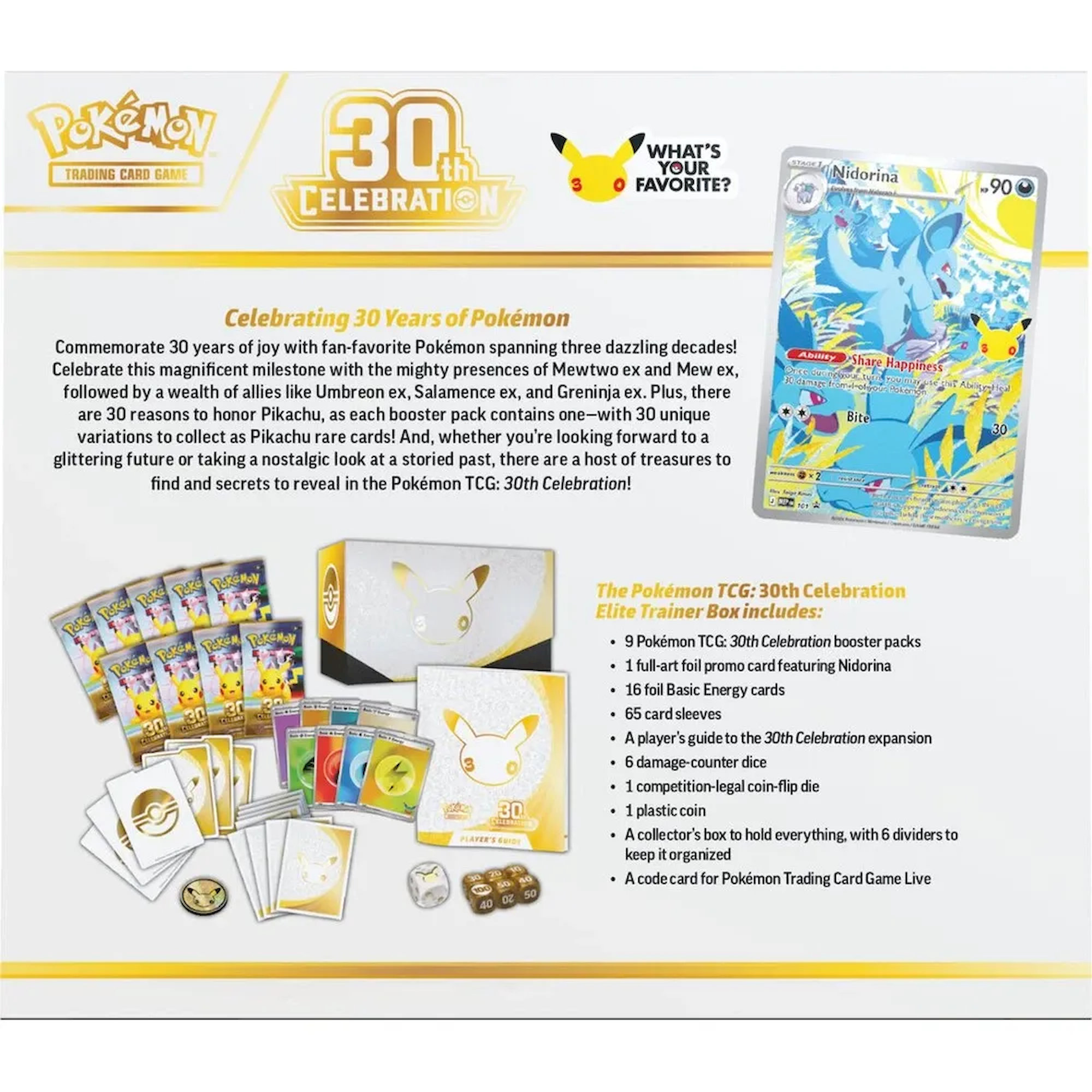 Obsah balení Pokémon TCG 30th Celebration Elite Trainer Box