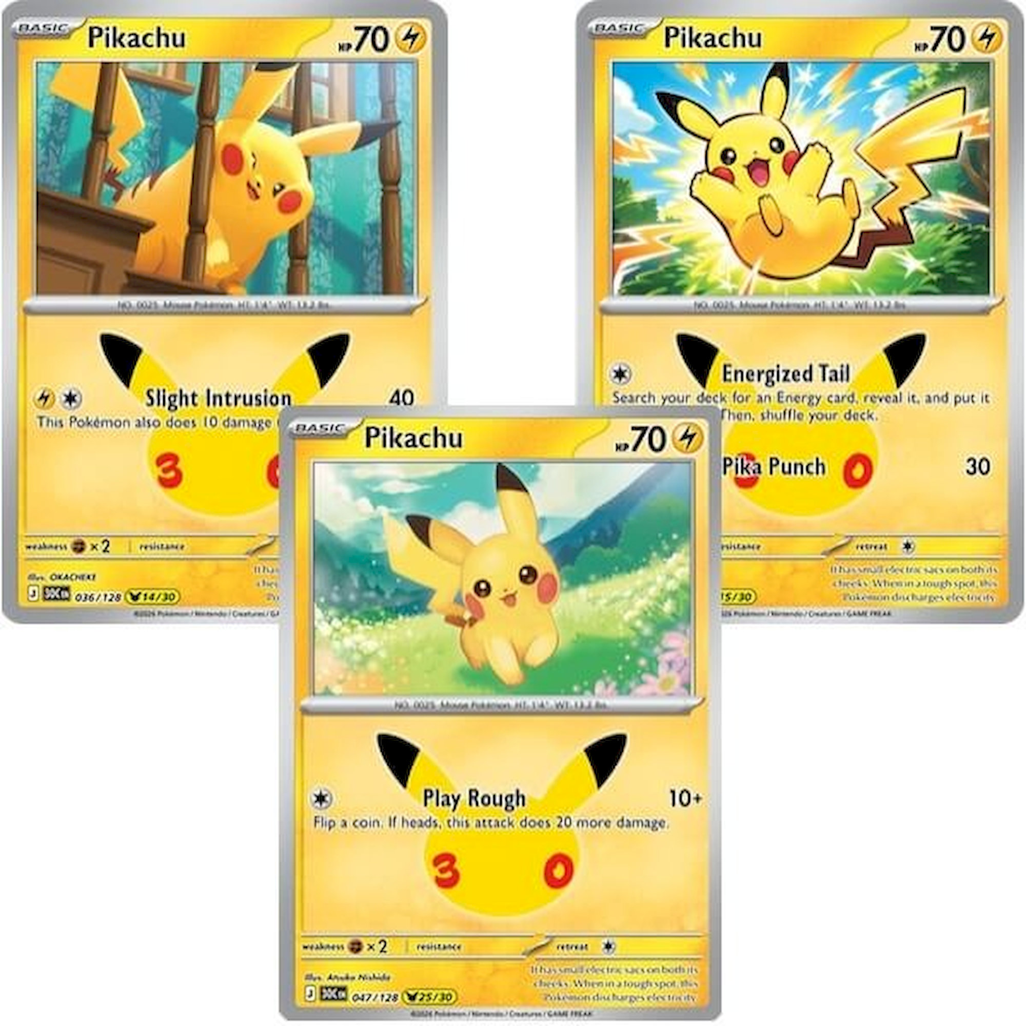 Vzácné varianty karty Pikachu - Pokémon TCG 30th Celebration