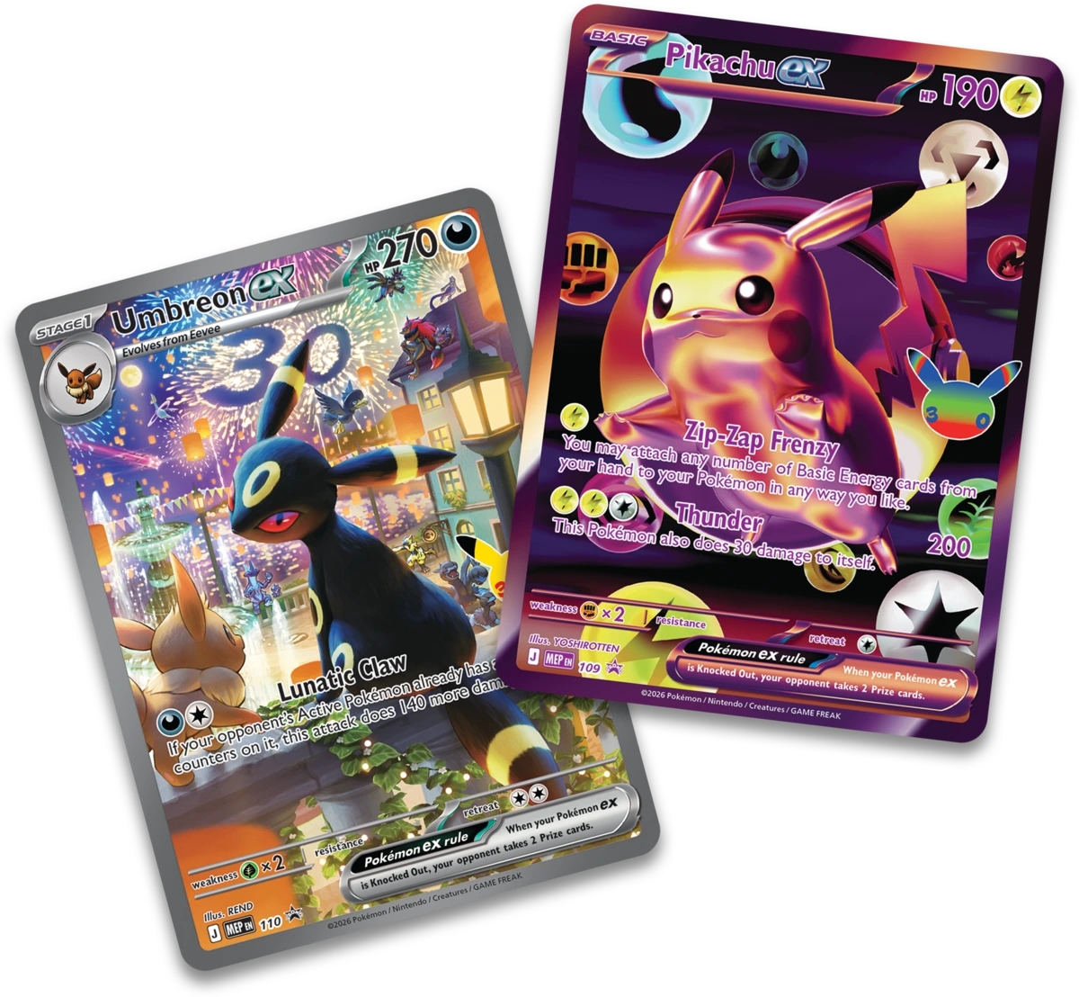 Promo karty Umbreon ex a Pikachu ex - Pokémon TCG 30th Celebration Night