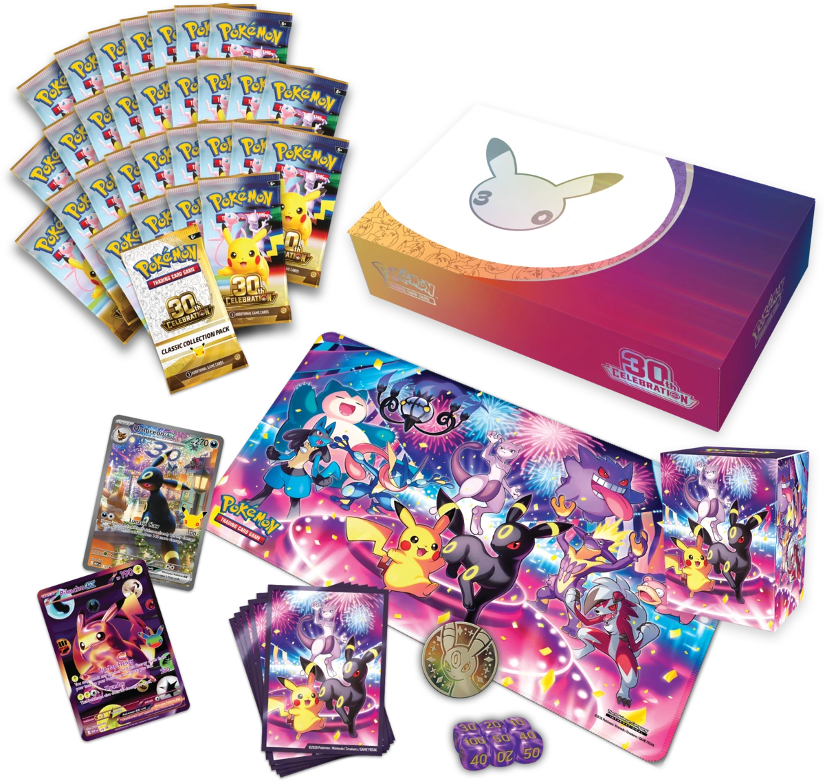Obsah balení Pokémon TCG 30th Celebration Ultra-Premium Collection Night