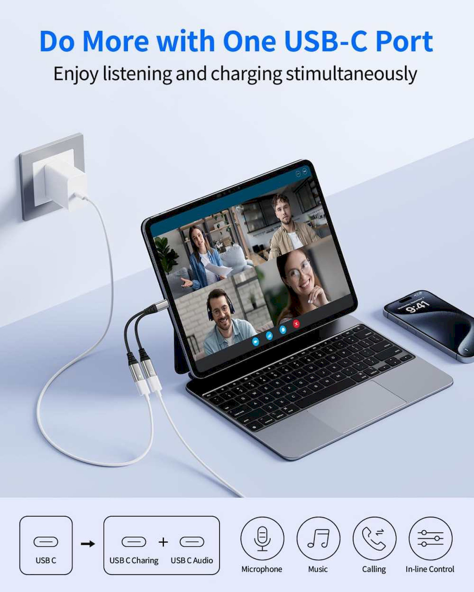 PremiumCord USB-C redukce 2-in-1 pro audio sluchátka a současné nabíjení 12,5cm