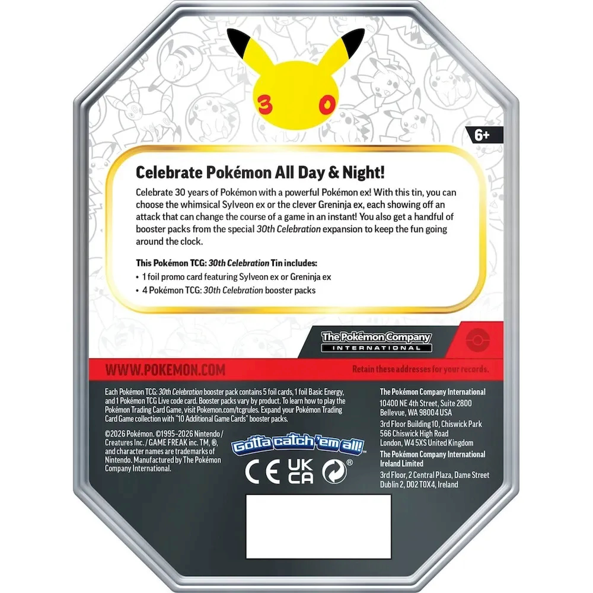 Zadní strana plechovky Pokémon TCG 30th Celebration ex Tin