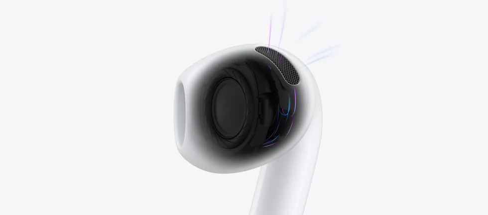 Průhledné sluchátko AirPods 5 s viditelným reproduktorem