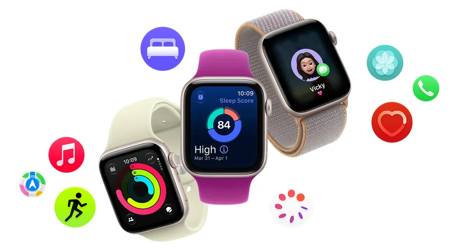 Troje Apple Watch SE 3 se spánkovým skóre, kroužky aktivity a zprávou, kolem ikony aplikací