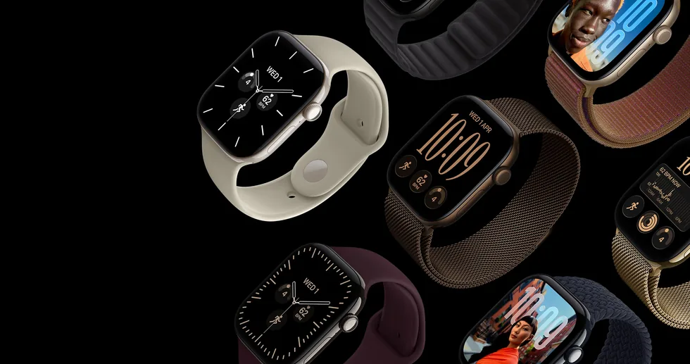 Apple Watch Series 12 s různými řemínky a ciferníky