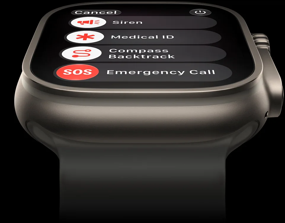 Nabídka Tíseň SOS na displeji Apple Watch Ultra 4