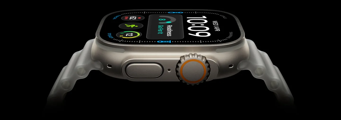 Apple Watch Ultra 4 z boku s akčním tlačítkem a korunkou Digital Crown