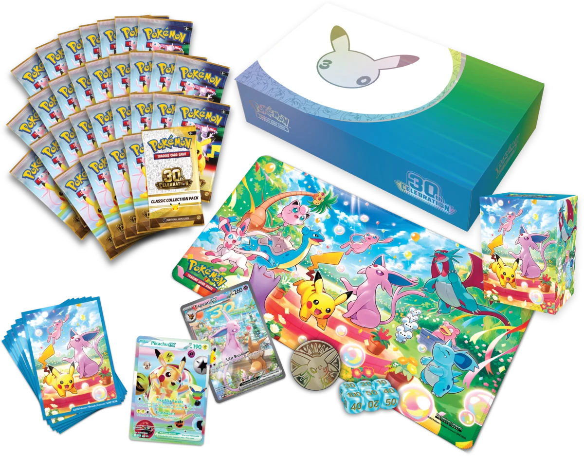 Obsah balení Pokémon TCG 30th Celebration Ultra-Premium Collection Day
