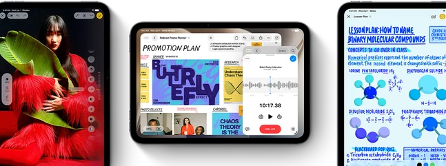 Tři iPady mini s aplikacemi pro fotky, prezentace a poznámky