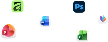 Ikony aplikací Microsoft Word, Excel, PowerPoint a Adobe Photoshop
