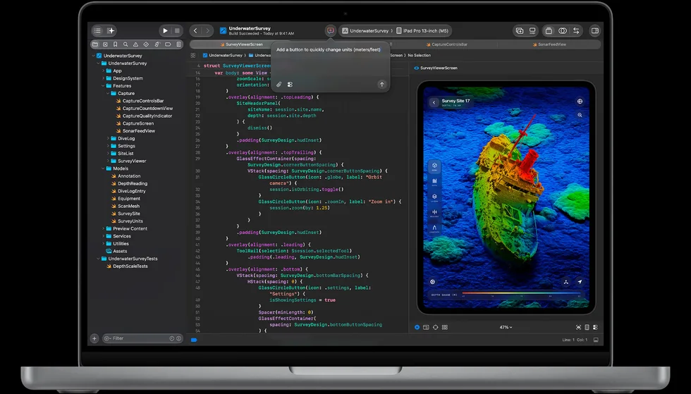 MacBook Pro s AI asistentem v Xcodu