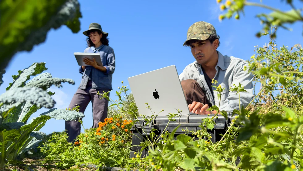 Dva lidé pracují venku s MacBookem Pro mezi rostlinami