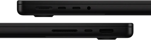 Porty MacBooku Pro – vlevo MagSafe, dva porty Thunderbolt a sluchátkový konektor, vpravo SDXC, Thunderbolt a HDMI