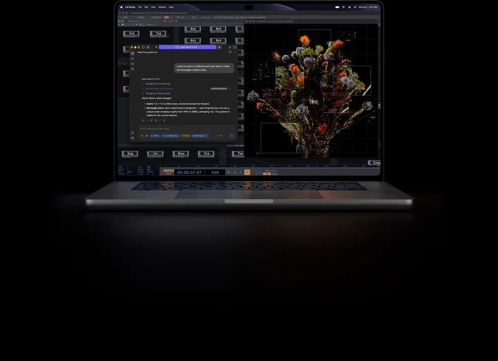 MacBook Pro s AI generovanou grafikou v aplikaci TouchDesigner
