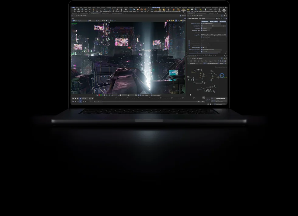 MacBook Pro s otevřenou 3D scénou v Houdini