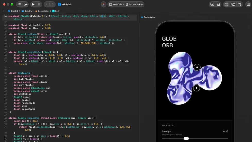 Kód v Xcode a náhled aplikace na displeji
