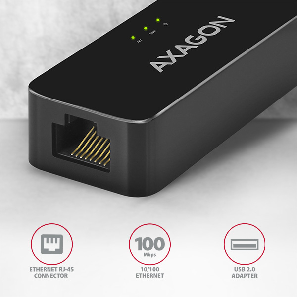 AXAGON ADE-XR – detail RJ-45 portu a LED indikátorů