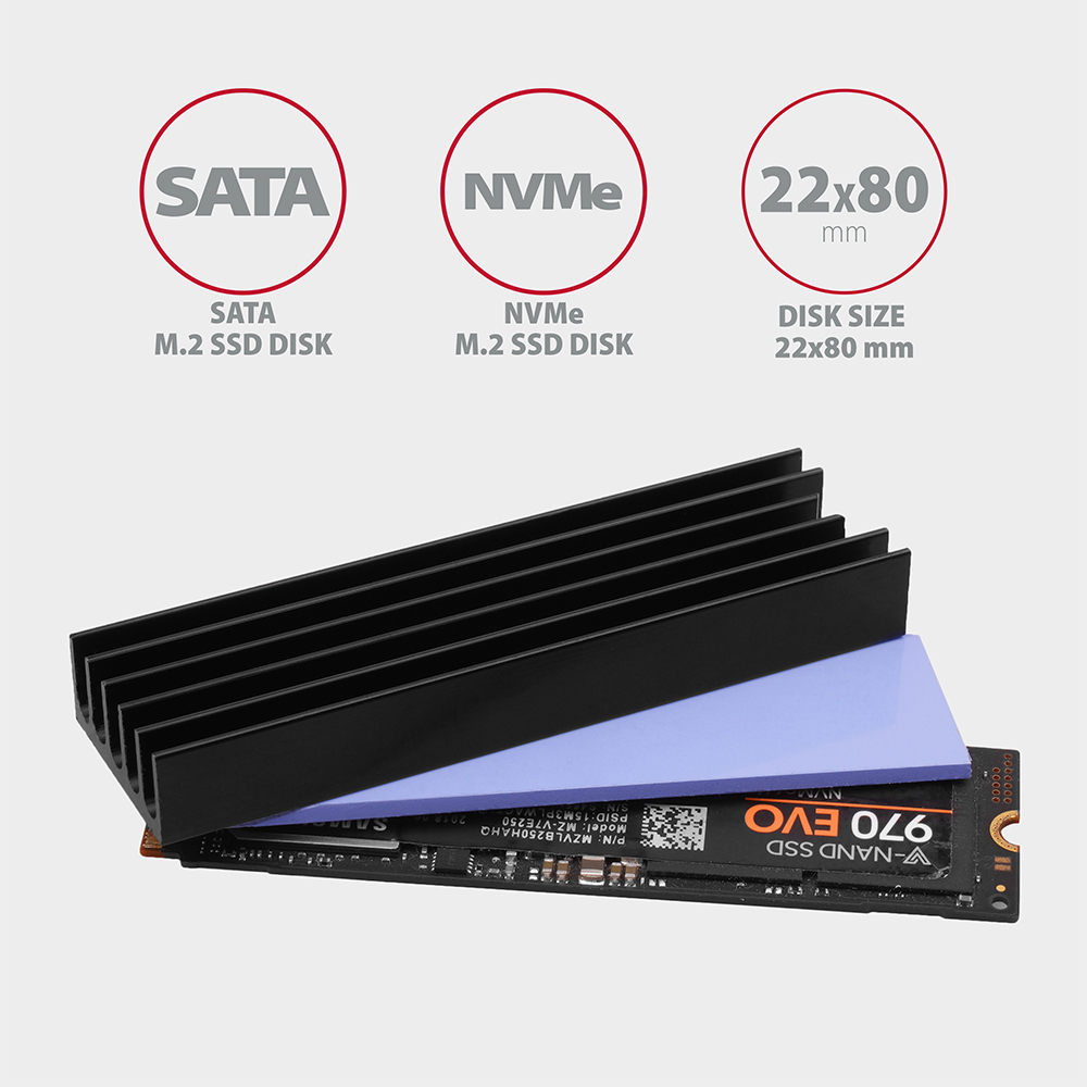 AXAGON CLR-M2L10 nasazený na M.2 SSD disku Samsung 970 EVO