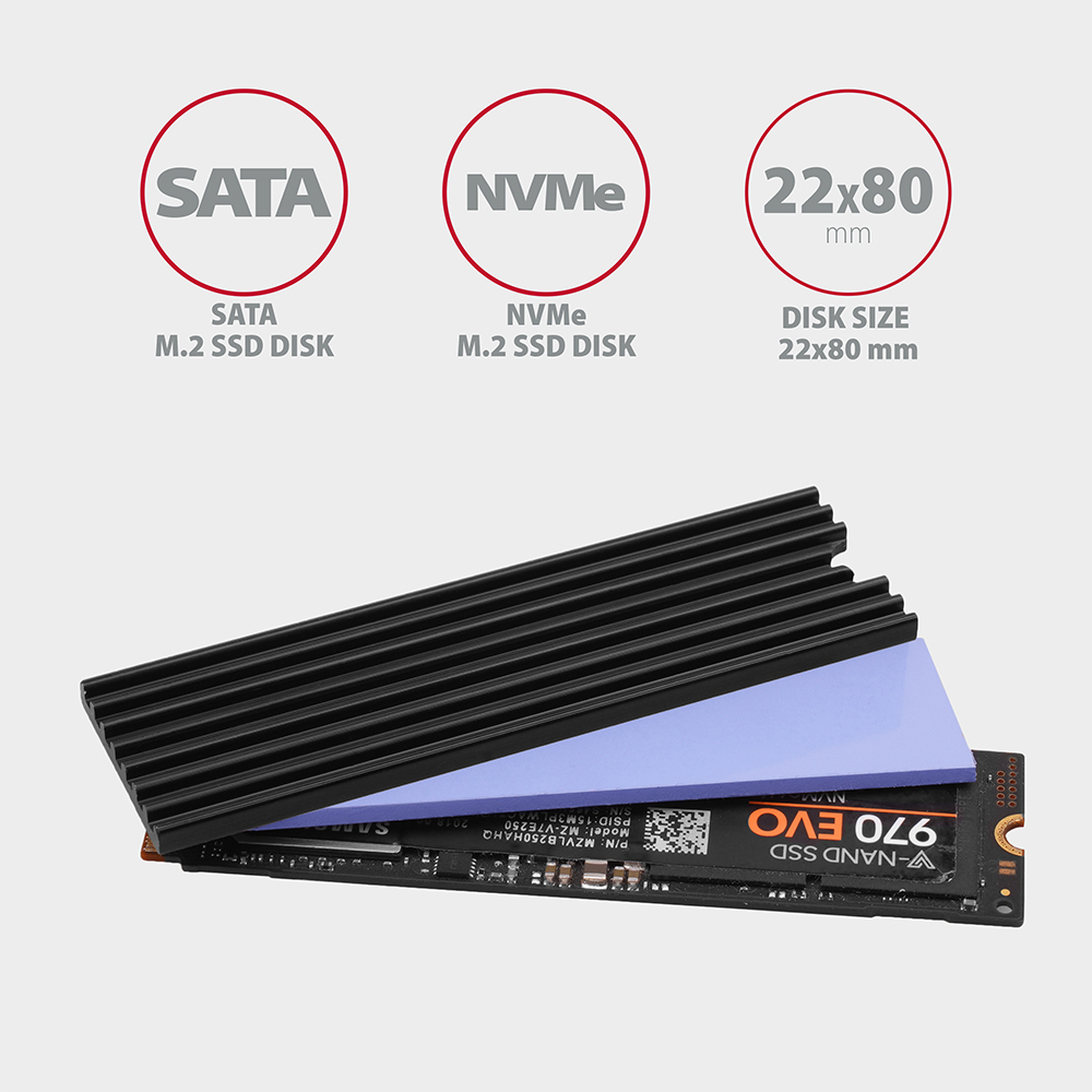AXAGON CLR-M2L3 nasazený na M.2 SSD disku Samsung 970 EVO