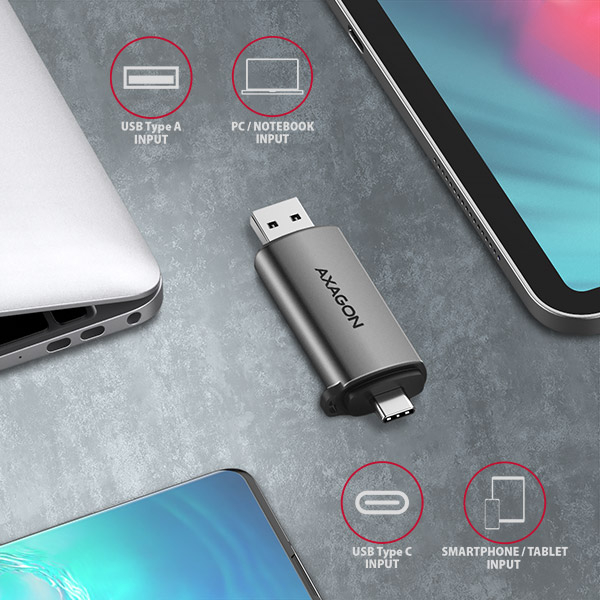 AXAGON CRE-SAC – konektor USB Type A pro počítač a USB Type C pro smartphone a tablet
