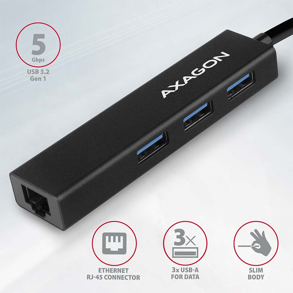 AXAGON HMA-GL3A – USB hub se 3 porty a gigabitovým Ethernetem