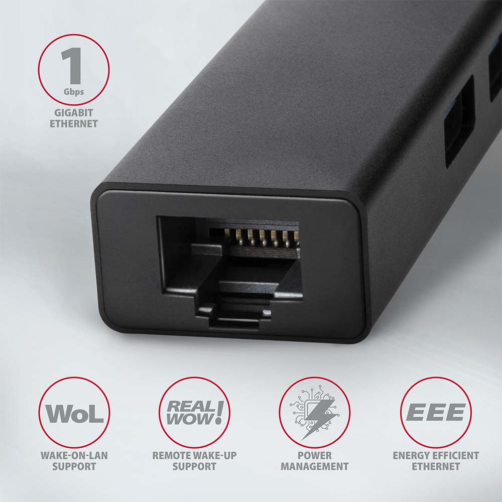 Detail gigabitového RJ-45 portu hubu AXAGON HMA-GL3A