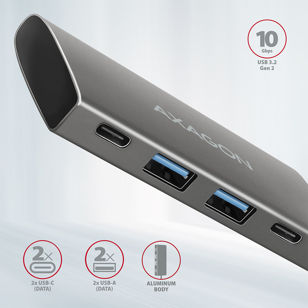 AXAGON HMC-4G2 – porty 2× USB-C a 2× USB-A na hliníkovém těle