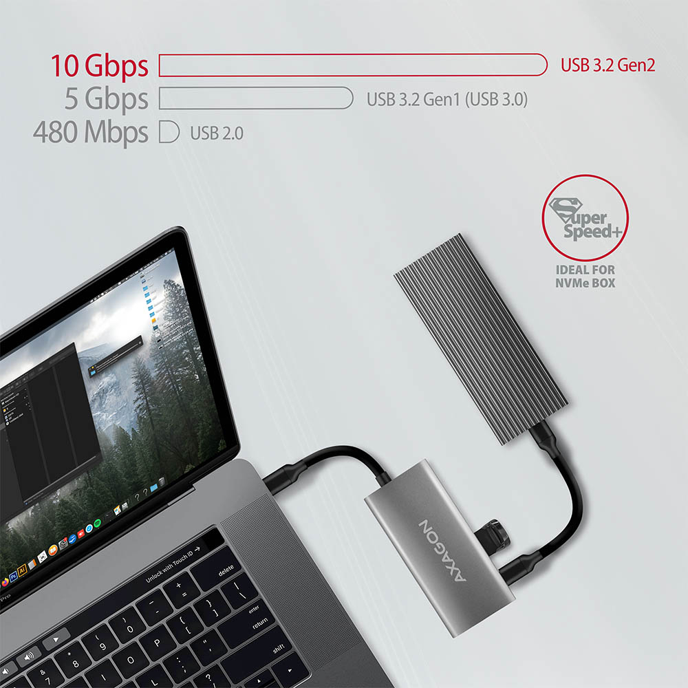 Připojení externího NVMe boxu k notebooku přes hub HMC-4G2 rychlostí 10 Gbps