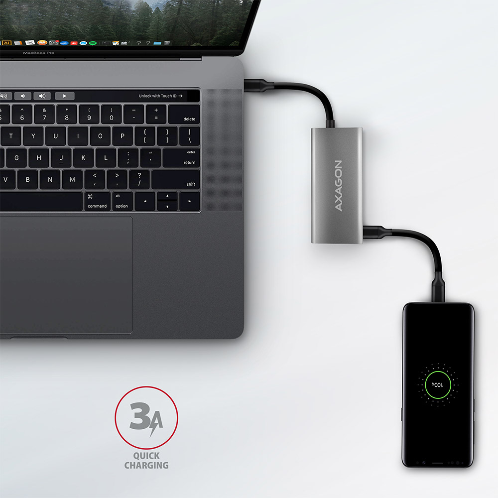 Nabíjení telefonu přes hub AXAGON HMC-4G2 proudem až 3 A