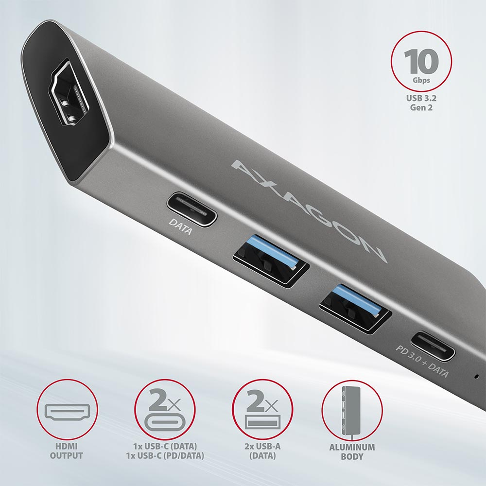AXAGON HMC-5G2 – porty HDMI, 2× USB-C a 2× USB-A na hliníkovém těle