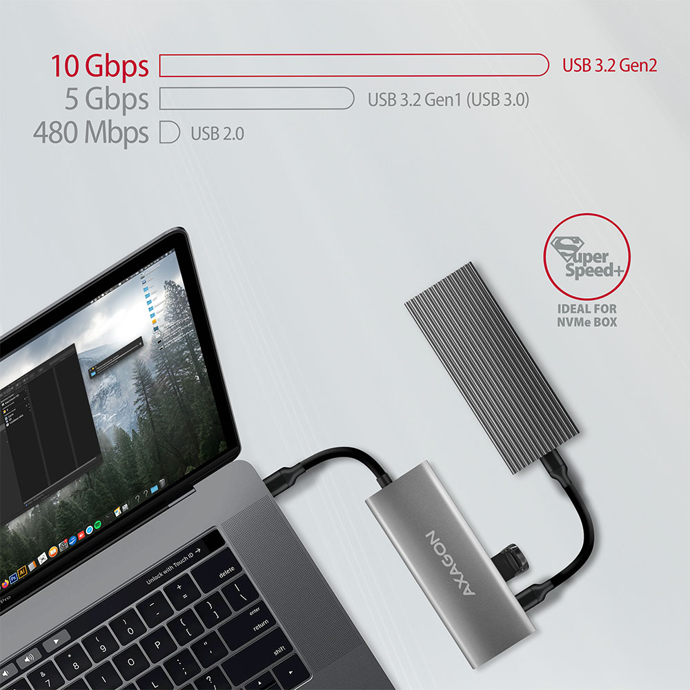 Připojení externího NVMe boxu k notebooku přes hub HMC-5G2 rychlostí 10 Gbps
