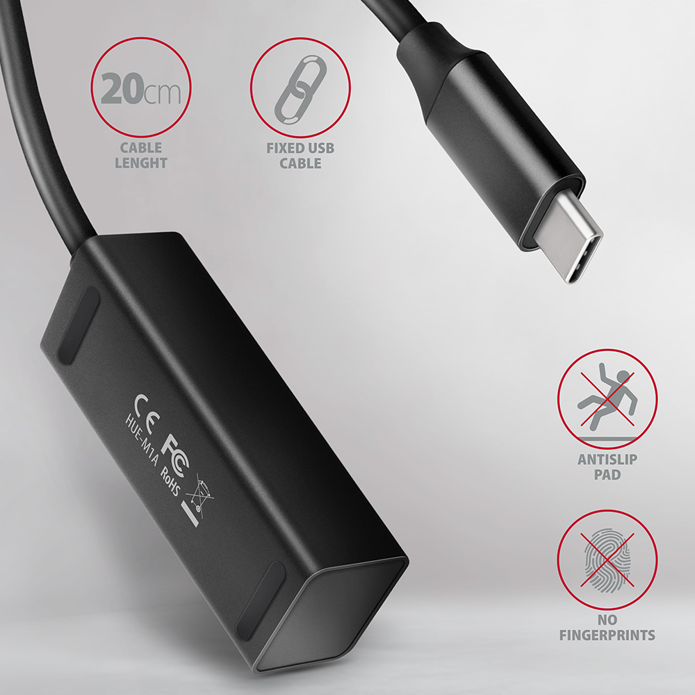 AXAGON HUE-M1C – detail konektoru USB-C a pevně připojeného 20cm kabelu