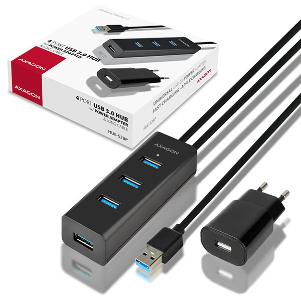Obsah balení AXAGON HUE-S2BP se síťovým adaptérem
