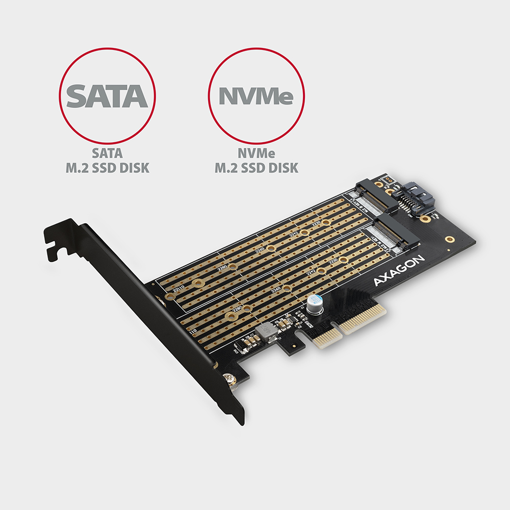 AXAGON PCEM2-D – slot M-key pro NVMe a slot B-key pro SATA M.2 SSD
