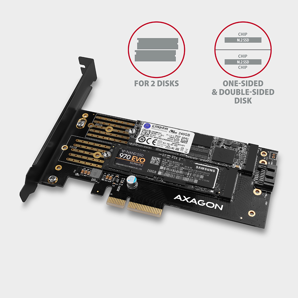 AXAGON PCEM2-D s osazenými disky Kingston a Samsung 970 EVO