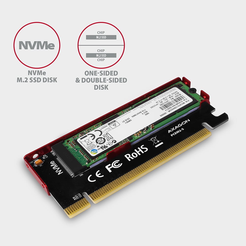 AXAGON PCEM2-S – NVMe M.2 SSD disk, jednostranné i oboustranné provedení
