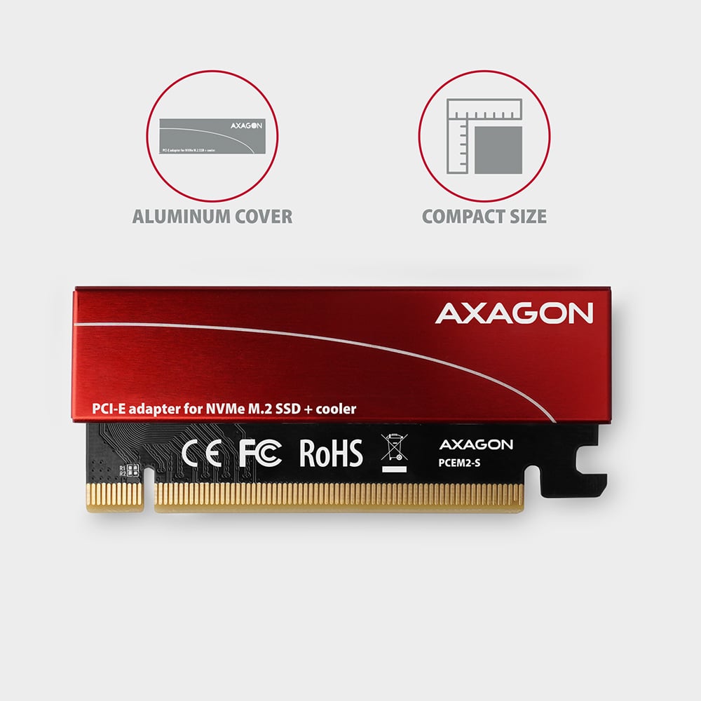 AXAGON PCEM2-S – PCIe x16 adaptér pro NVMe M.2 SSD s hliníkovým krytem