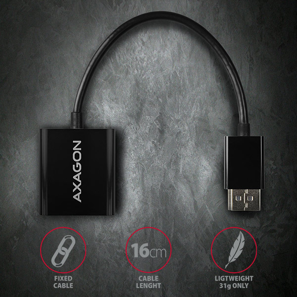 AXAGON RVD-VGN s pevně připojeným 16cm kabelem k DisplayPortu
