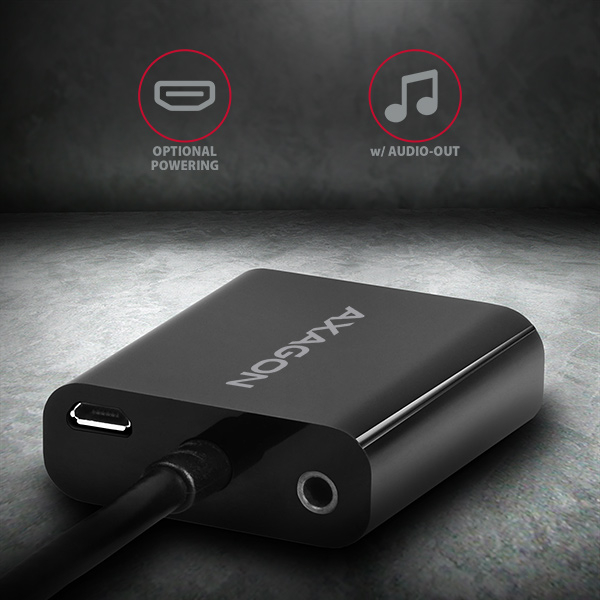 Konektory microUSB pro napájení a 3.5mm audio výstup na adaptéru RVH-VGAN