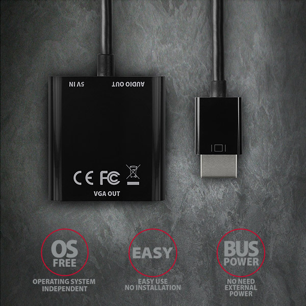 AXAGON RVH-VGAN – tělo adaptéru s popisem 5V IN, Audio Out a VGA Out